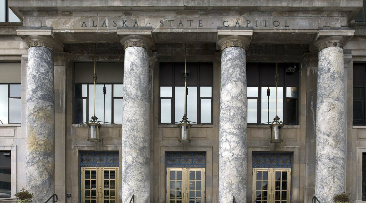 Marble columns and entrance of the Alaska State Capitol in Juneau
