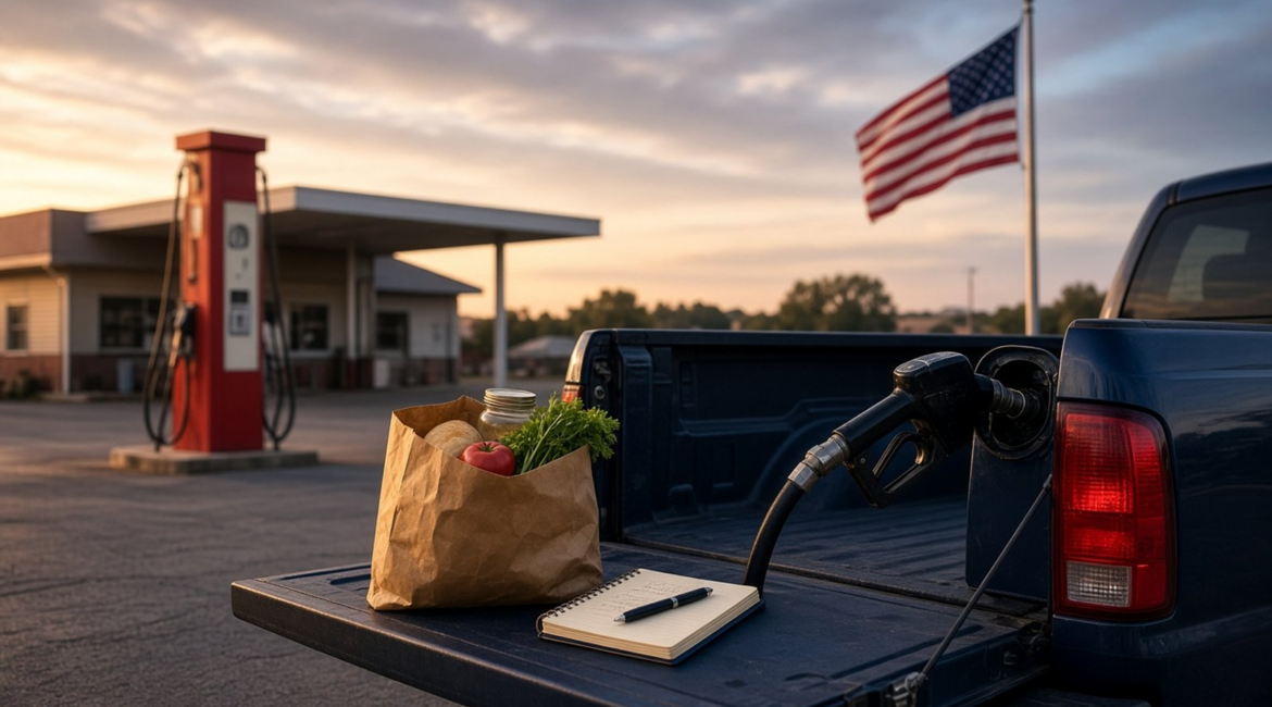 Fuel nozzle in a pickup truck at a small-town gas station at dusk, with a grocery bag, a budget notebook, and an American flag in the background
