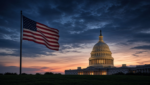 The U.S. Capitol dome at dawn under a dramatic navy and red sky, with an American flag waving in the foreground