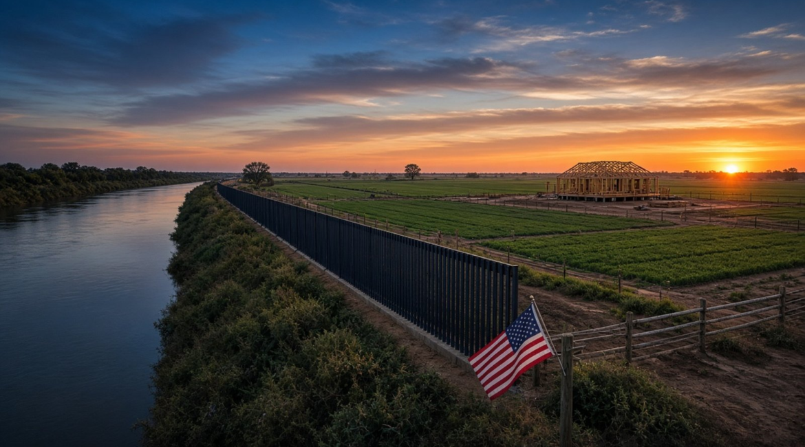 Sunrise over the Rio Grande valley with a border fence along the river, farmland, a house under construction, and a small American flag on a ranch fence