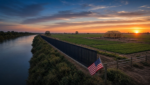 Sunrise over the Rio Grande valley with a border fence along the river, farmland, a house under construction, and a small American flag on a ranch fence