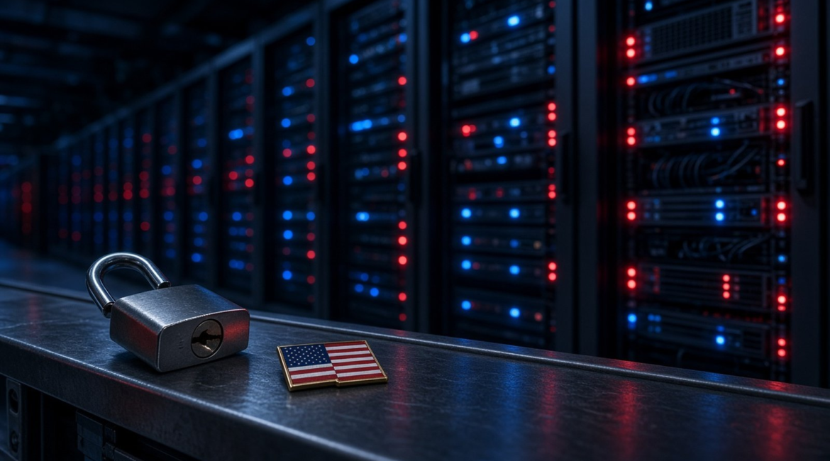 Dark server room aisle with red warning lights on the racks, an open padlock and an American flag pin on a metal ledge in the foreground
