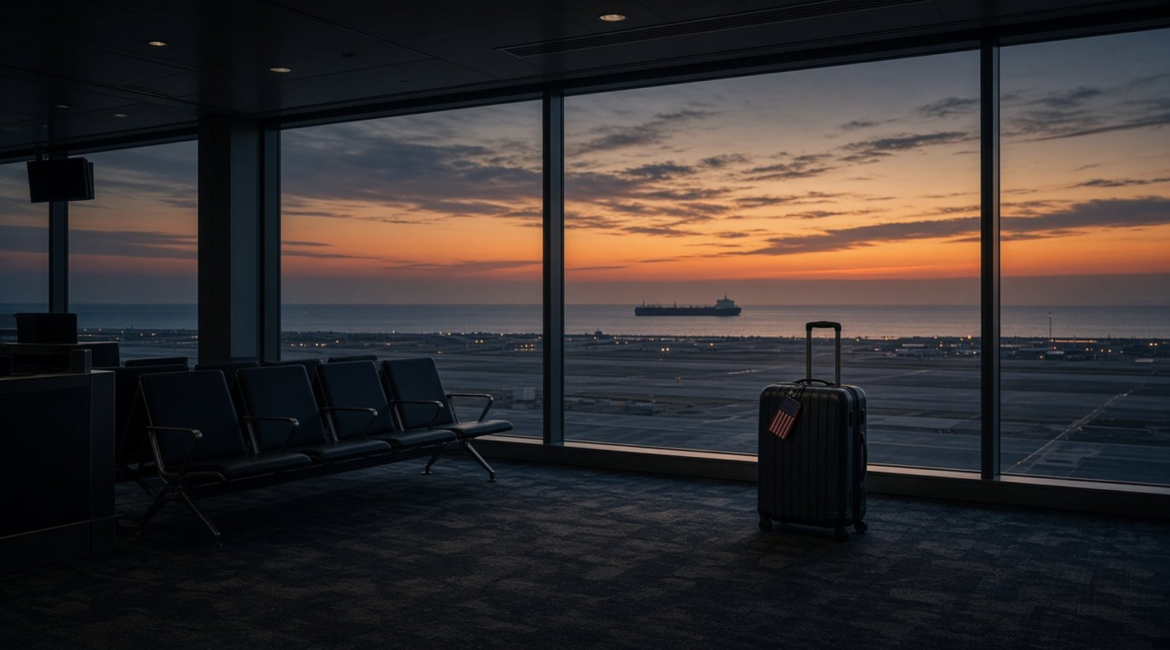 Empty airport departure gate at dusk overlooking a desert runway and a distant oil tanker, with a lone suitcase bearing an American flag tag by the window