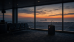 Empty airport departure gate at dusk overlooking a desert runway and a distant oil tanker, with a lone suitcase bearing an American flag tag by the window